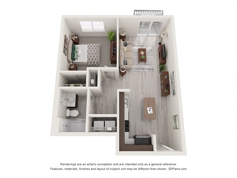 Floor plan for 1 bed, 1 bath, 663 sqft